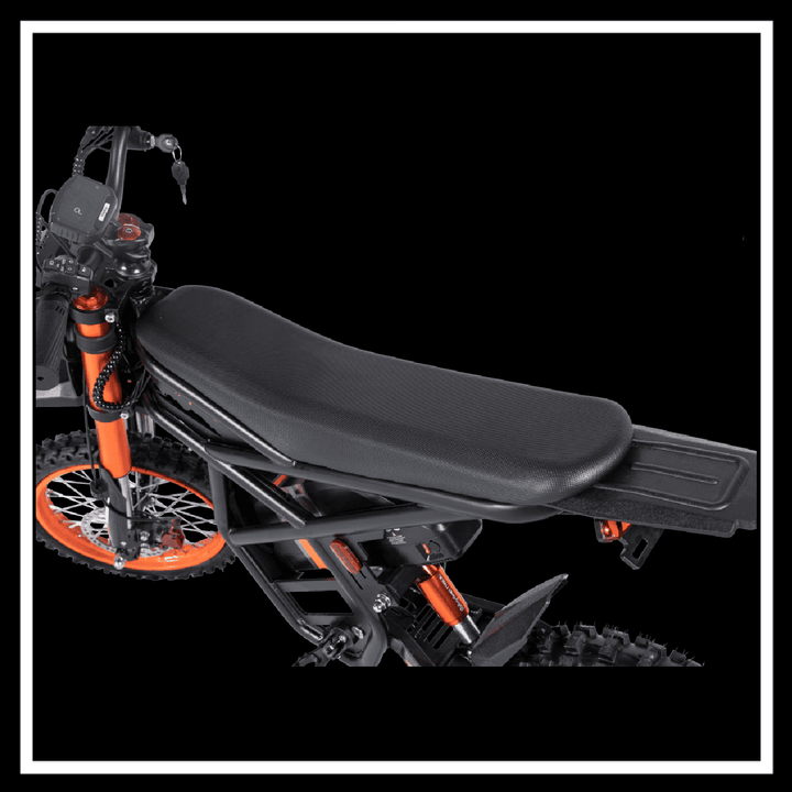 GT54 2000W RIDING'TIMES ELECTRIC MINI E-BIKE seat and frame design with black and orange accents.