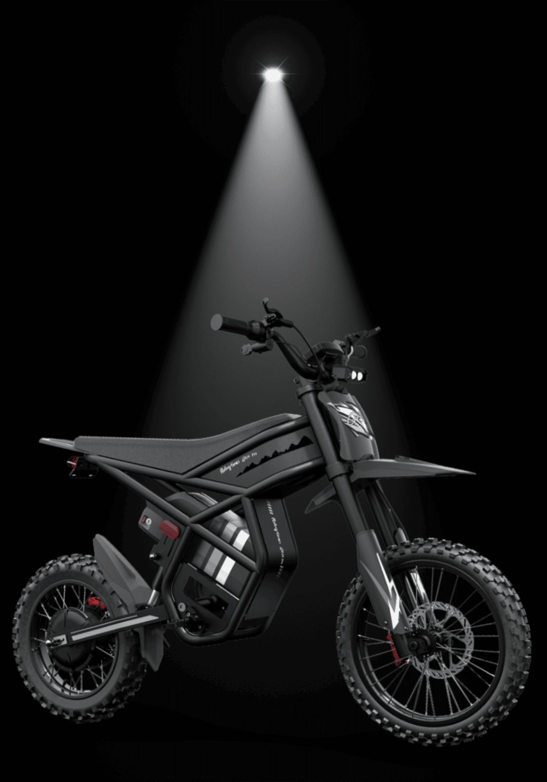 🇮🇪🇪🇺🇺🇸 GT54PRO 3000W RIDING'TIMES ELECTRIC MINI E-BIKE showcased against a dramatic spotlight.