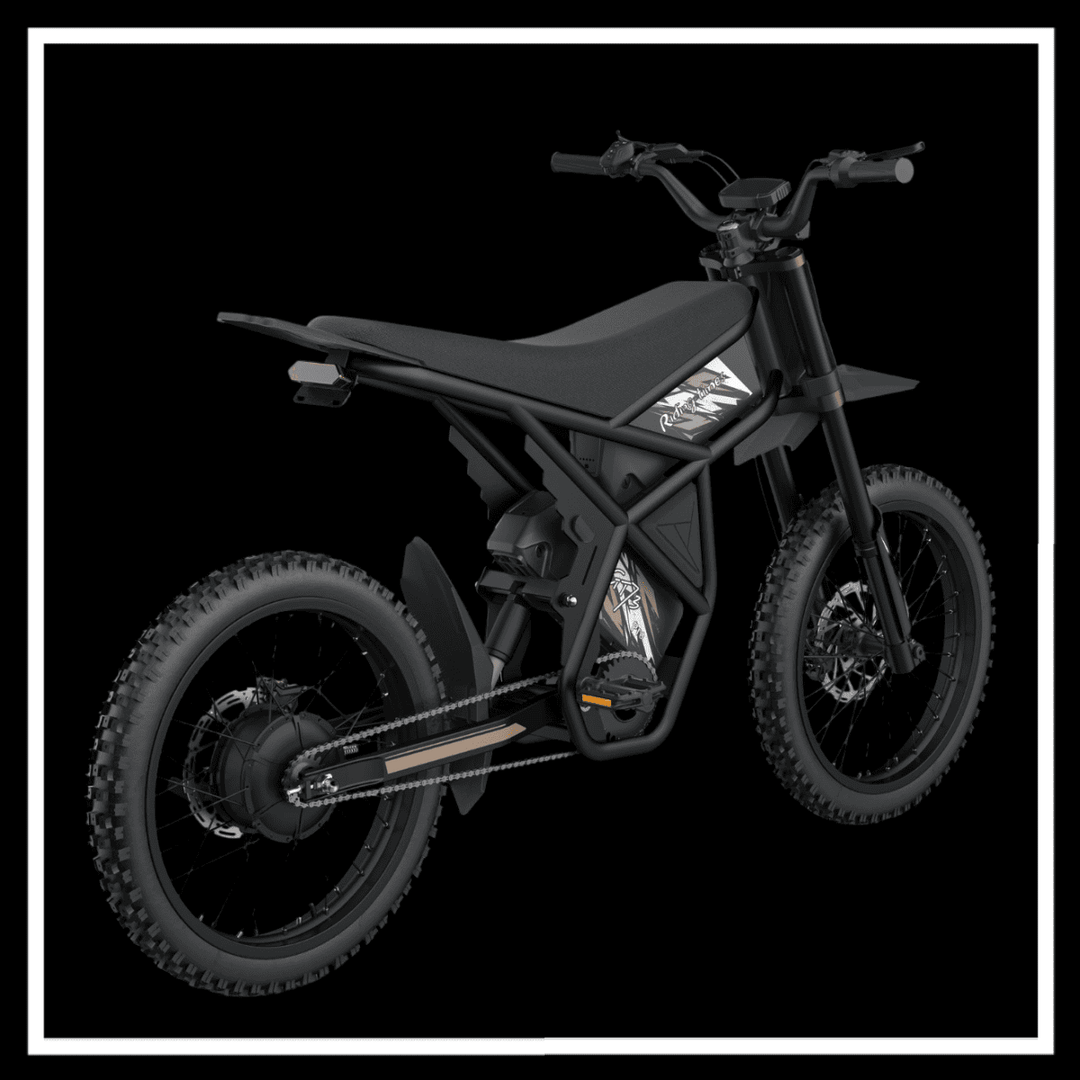 🇮🇪🇪🇺🇺🇸 GT73PRO 3000W RIDING' TIMES DIRT E-BIKE in sleek black design with rugged tires and powerful motor.