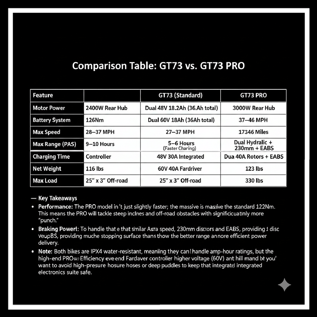 Comparison table showing specifications for GT73 2400W RIDING&