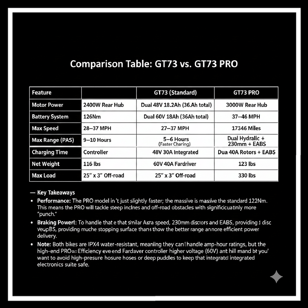 Comparison table for GT73 2400W RIDING' TIMES DIRT E-BIKE and GT73 PRO specifications.