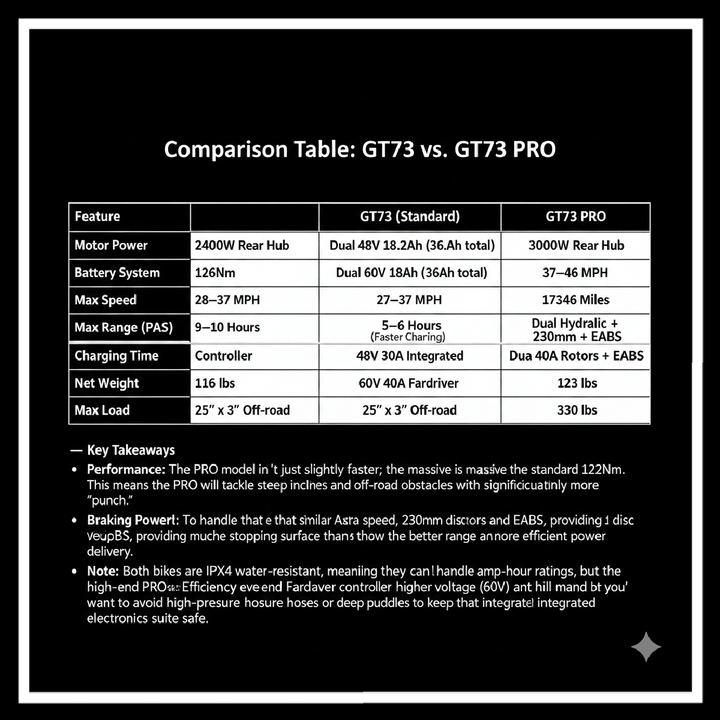 Comparison table for GT73 2400W RIDING' TIMES DIRT E-BIKE and GT73 PRO specifications.