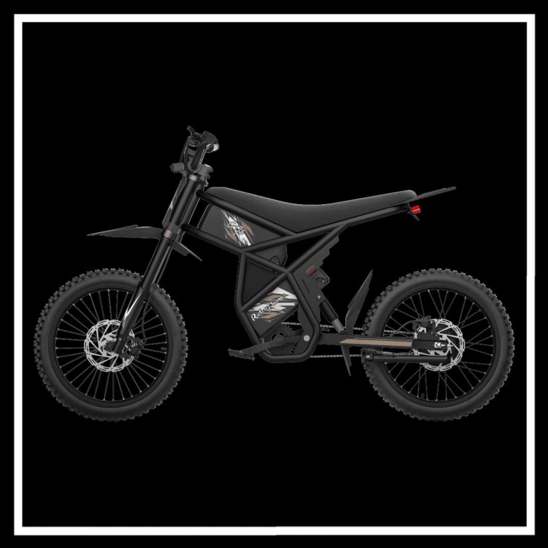 GT73PRO 3000W RIDING' TIMES DIRT E-BIKE side view showcasing its sleek black design and rugged tires.