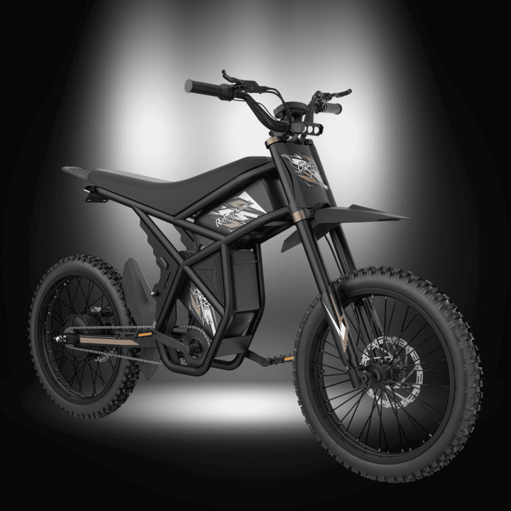 GT73PRO 3000W RIDING' TIMES DIRT E-BIKE showcasing a sleek black design with rugged tires and powerful frame.