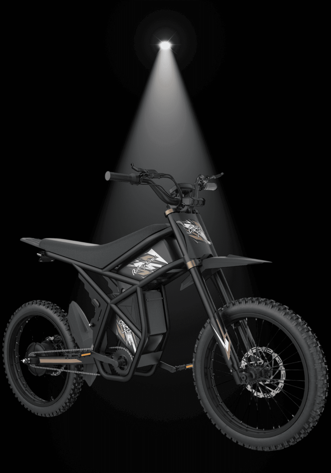 GT73PRO 3000W RIDING' TIMES DIRT E-BIKE in a spotlight, showcasing its sleek design and electric features.