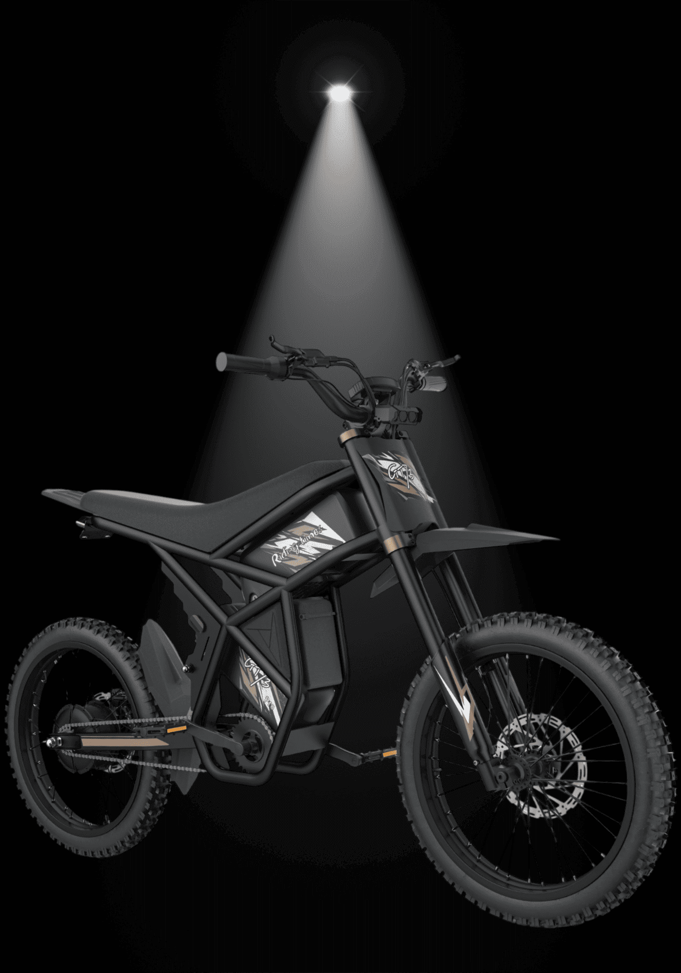 GT73PRO 3000W RIDING' TIMES DIRT E-BIKE in a spotlight, showcasing its sleek design and electric features.