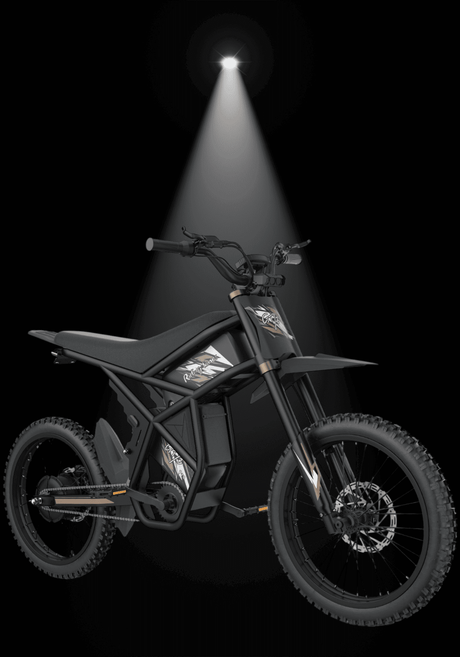GT73PRO 3000W RIDING' TIMES DIRT E-BIKE in a spotlight, showcasing its sleek design and electric features.