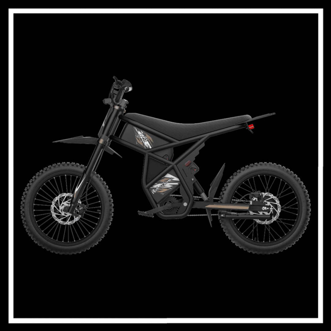 🇮🇪🇪🇺🇺🇸 GT73PRO 3000W RIDING' TIMES DIRT E-BIKE side view showcasing sleek design and rugged tires.