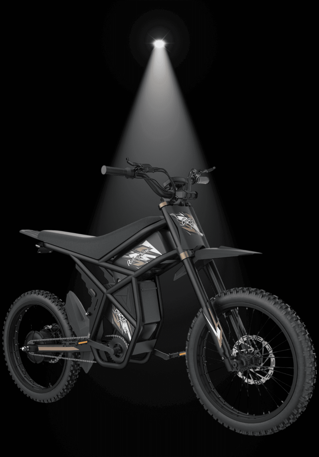 GT73 2400W RIDING' TIMES DIRT E-BIKE showcased under spotlight, emphasizing its sleek design and powerful build.
