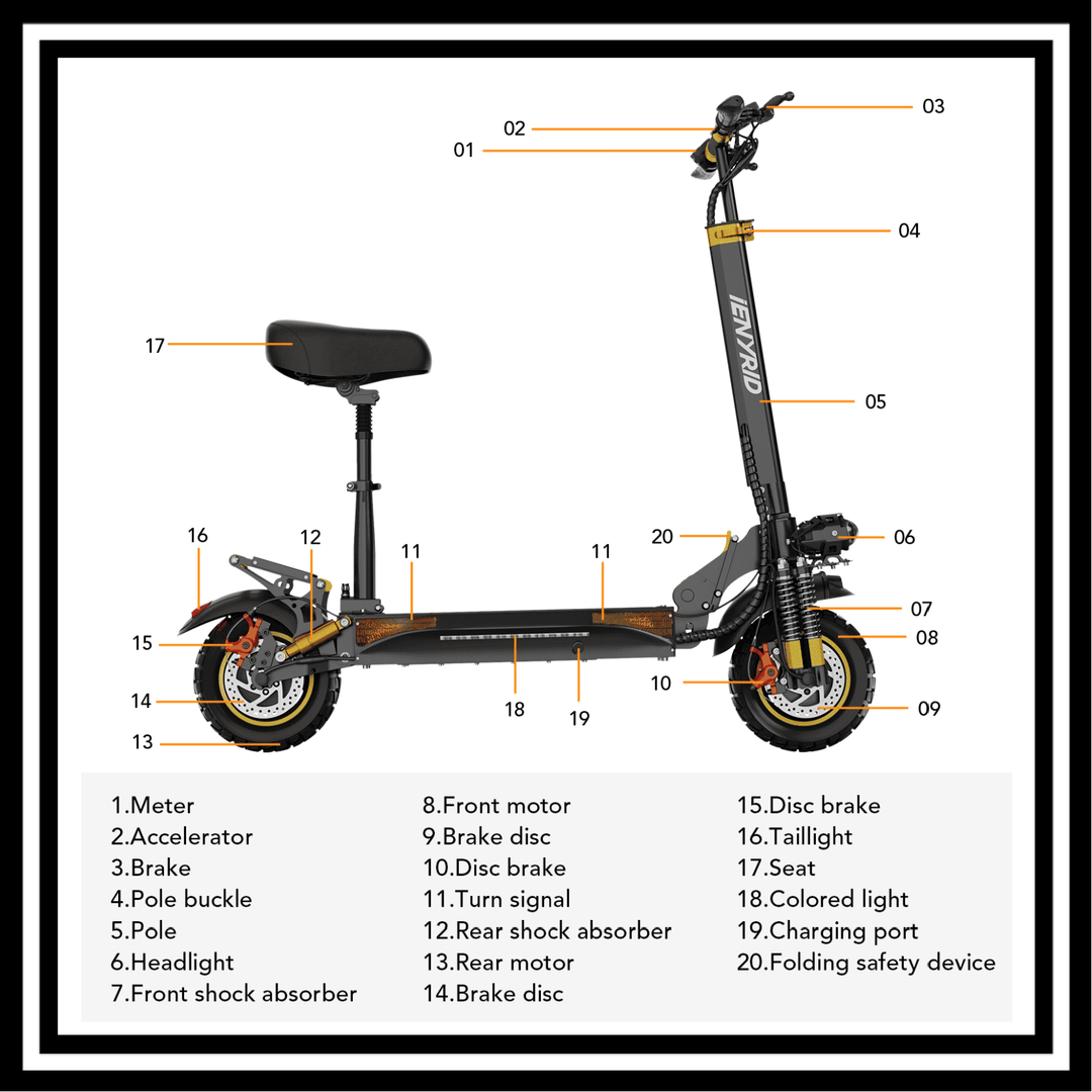 Diagram of 🇮🇪🇪🇺 iENYRID ES6 Electric Scooter with labeled features and specifications.