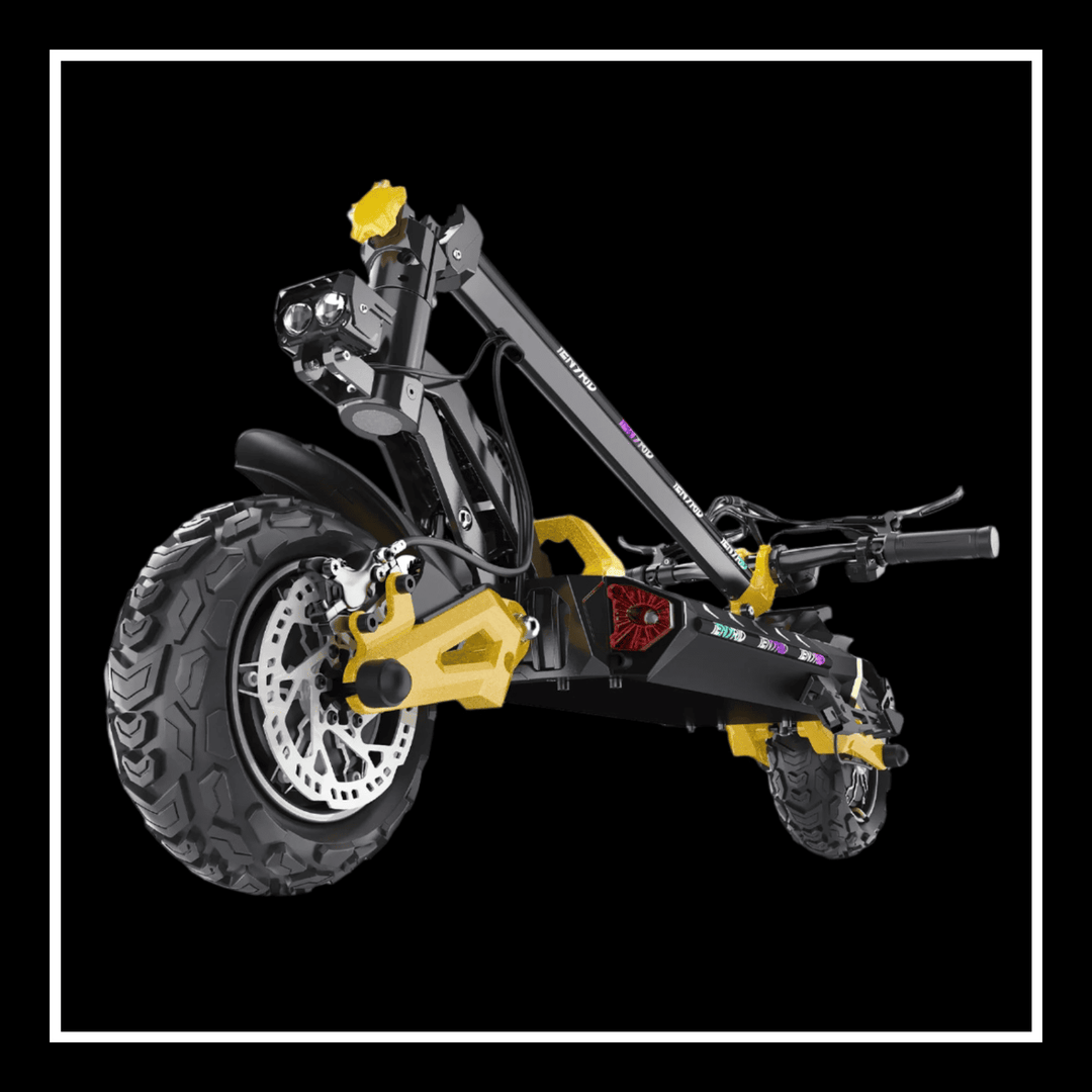 iENYRID ES60 folded electric scooter highlighting powerful design and rugged air tires against a black background.