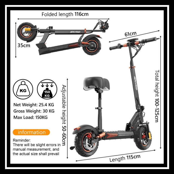 iENYRID M4 PRO S+ MAX scooter specifications showing dimensions and weight details.