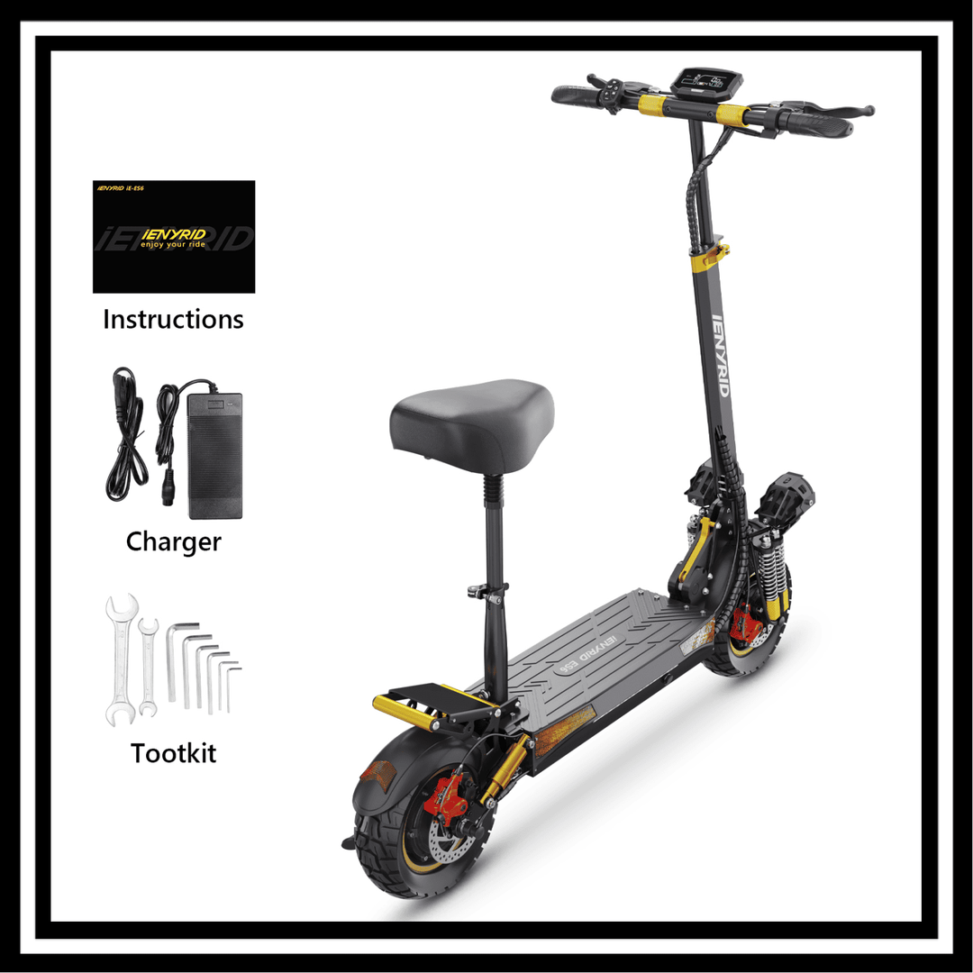 🇮🇪🇪🇺 iENYRID ES6 electric scooter with charger, toolkit, and instructions for urban commuting and off-road adventures.