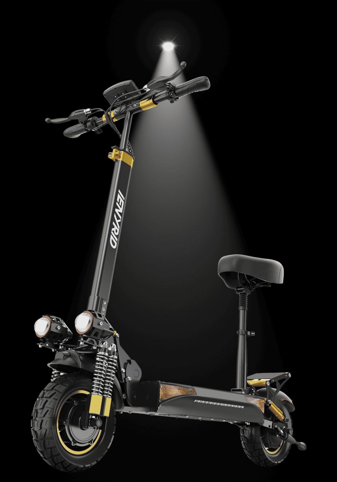 🇮🇪🇪🇺 iENYRID ES6 electric scooter under spotlight with stylish design and robust tires.