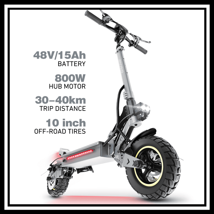 iENYRID S1 electric scooter featuring 48V/15Ah battery, 800W hub motor, 30-40km trip distance, and 10 inch off-road tires.