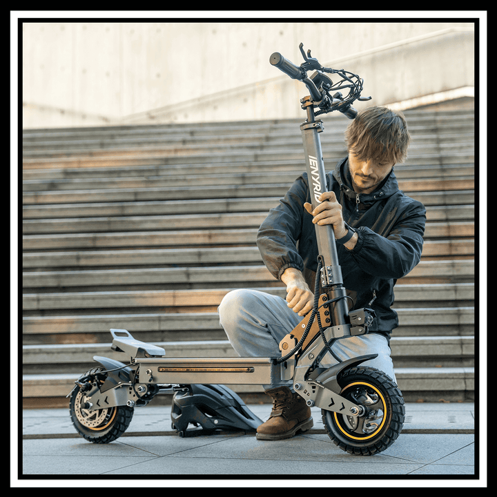 Man adjusting the 🇮🇪🇪🇺🇬🇧🇺🇸 iENYRID S1 electric scooter on urban steps, showcasing its design and features.