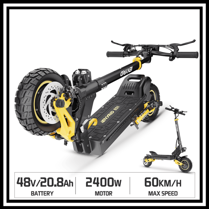 iENYRID ES1 electric scooter showcasing 48V 20.8Ah battery, 2400W motor, and maximum speed of 60 km/h.