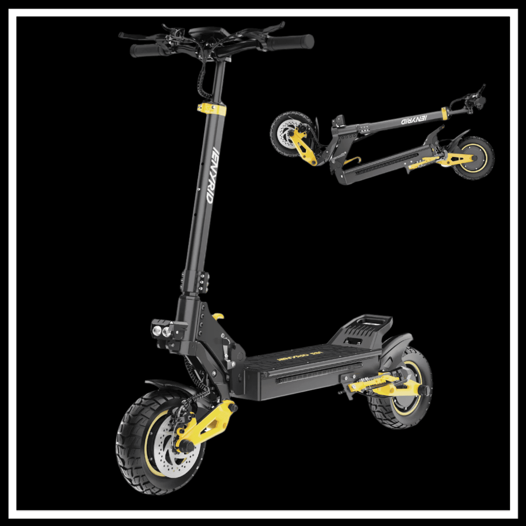 iENYRID ES1 Electric Scooter showcasing its design and foldable feature against a black background.