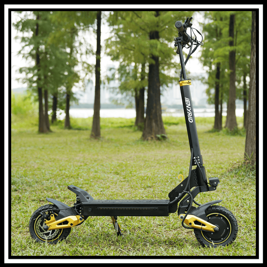 🇮🇪🇪🇺🇬🇧🇺🇸 iENYRID ES1 Electric Scooter displayed in a green park setting with trees in the background.