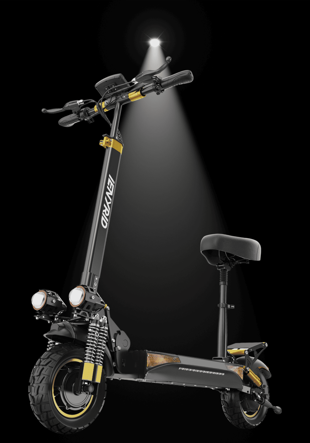 🇮🇪🇪🇺 iENYRID ES6 electric scooter under spotlight with stylish design and robust tires.