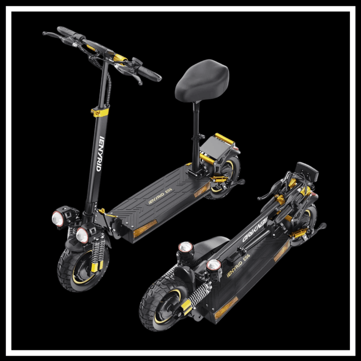 iENYRID ES6 Electric Scooter view with seat and folded position, showcasing high-performance design and features.