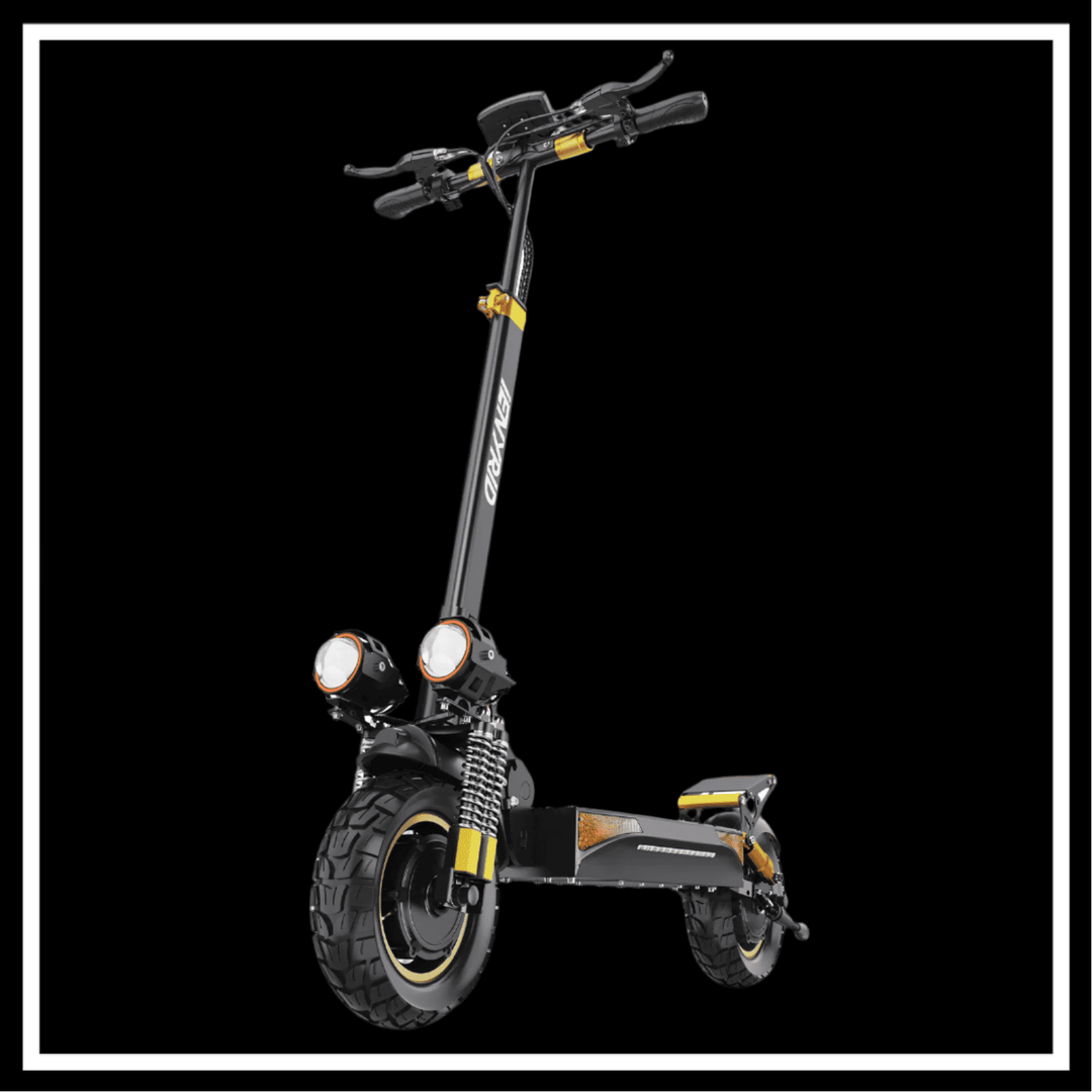 iENYRID ES6 electric scooter with dual motors and off-road tires against a black background.