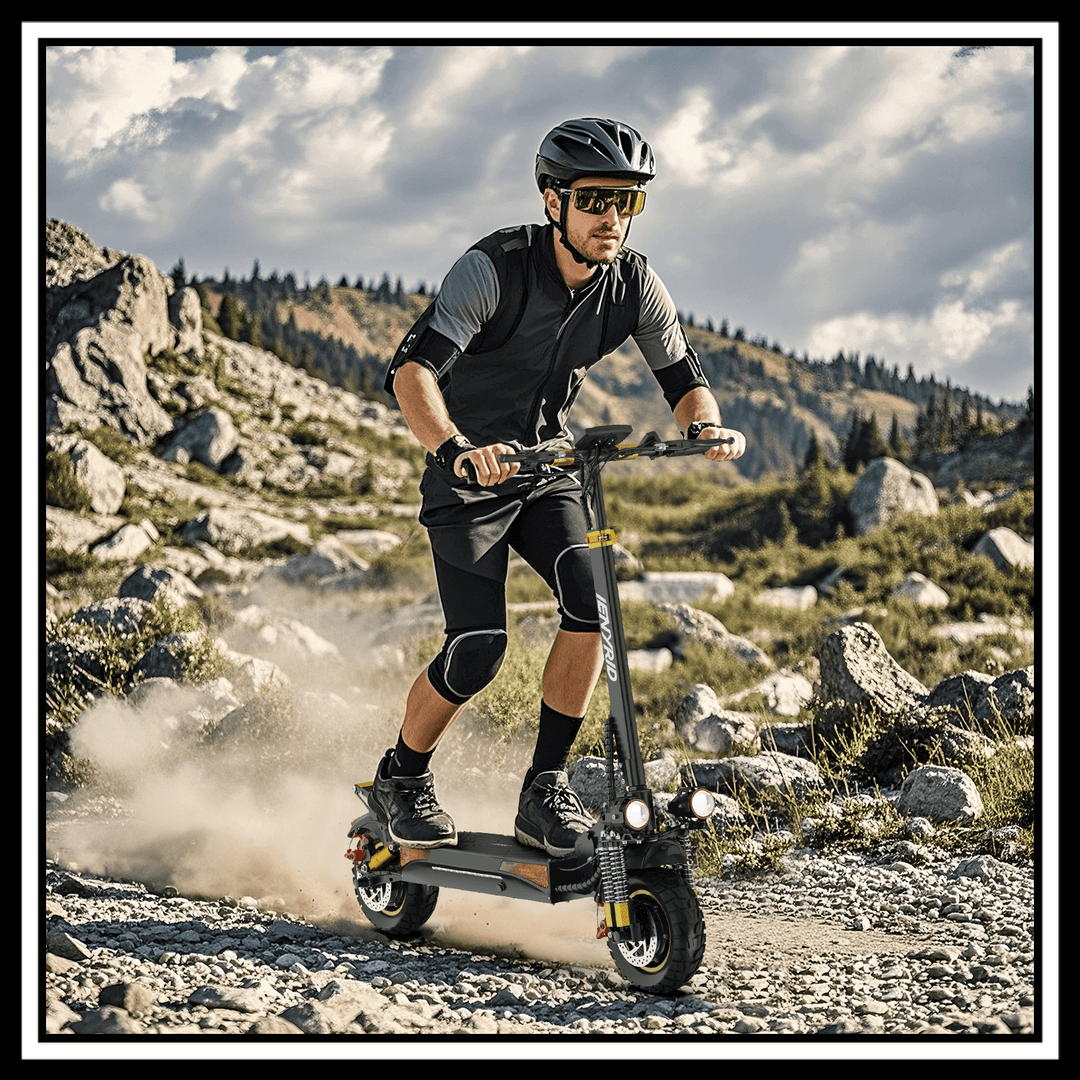 🇮🇪🇪🇺 iENYRID ES6 electric scooter being ridden off-road on rocky terrain.