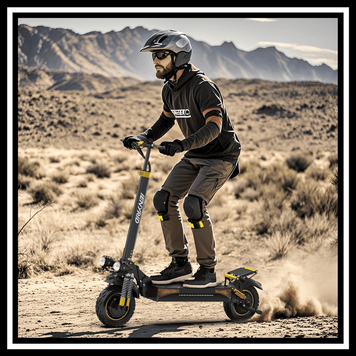 🇮🇪🇪🇺 iENYRID ES6 electric scooter being used off-road by a rider in protective gear on a desert path.