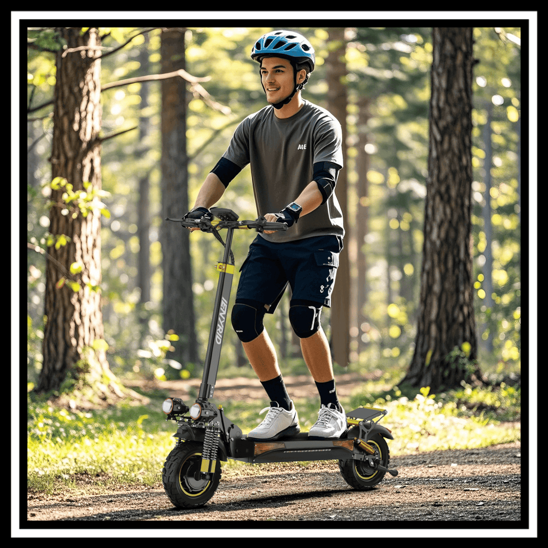 🇮🇪🇪🇺 iENYRID ES6 electric scooter rider in a forest path, showcasing performance and off-road capability.