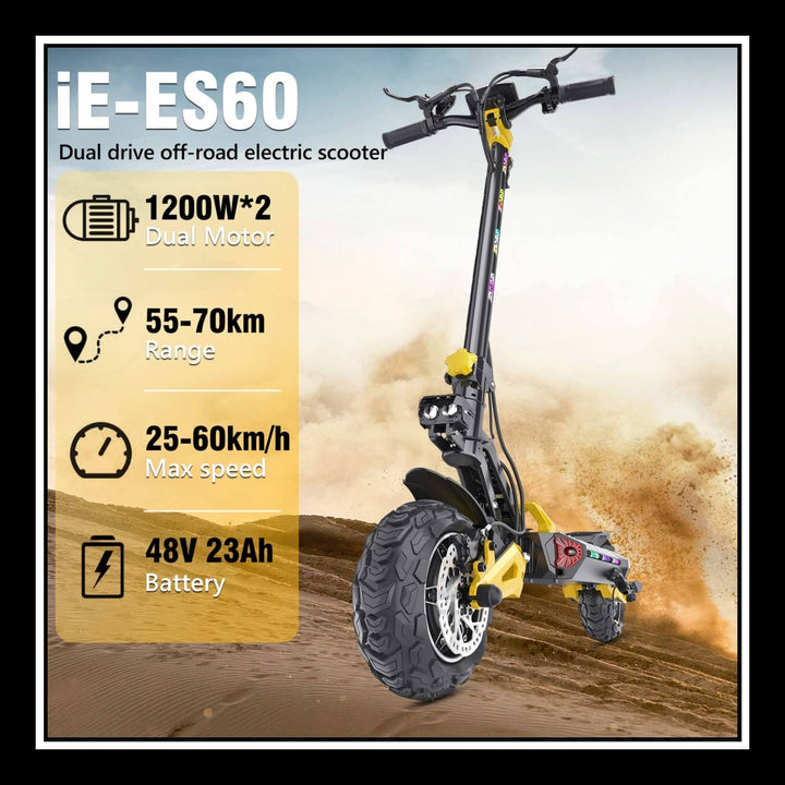 iENYRID ES60 electric scooter featuring 1200W dual motor, 55-70km range, 25-60km/h max speed, and 48V 23Ah battery.