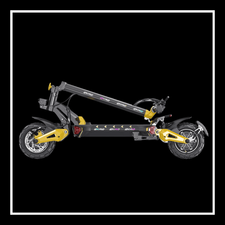 Folded 🇮🇪🇪🇺🇬🇧 iENYRID ES60 electric scooter showcasing its compact design against a black background.