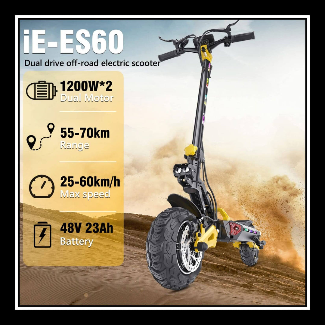 iENYRID ES60 electric scooter featuring 1200W dual motor, 55-70km range, 25-60km/h max speed, and 48V 23Ah battery.