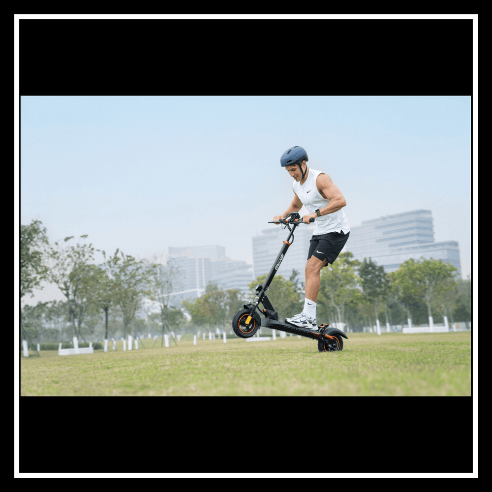 🇮🇪🇪🇺 iENYRID M4 PRO S+ MAX electric scooter in action with rider performing a stunt outdoors.