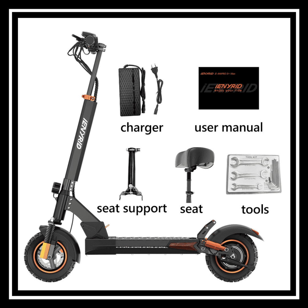 iENYRID M4 PRO S+ MAX electric scooter with charger, seat, tools, and user manual.