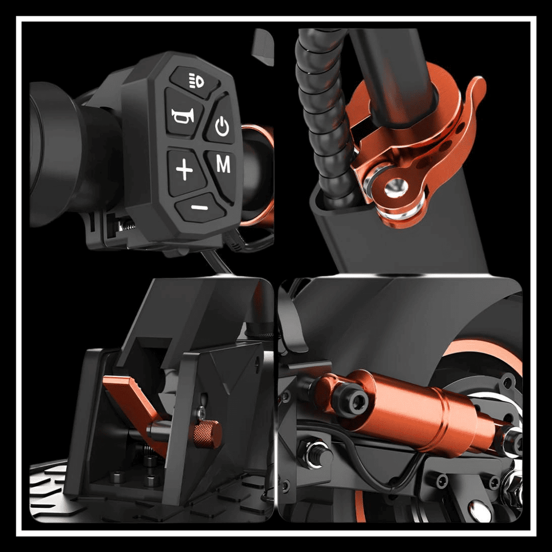 Details of iENYRID M4 PRO S+ MAX electric scooter controls and components showcasing advanced features and design.