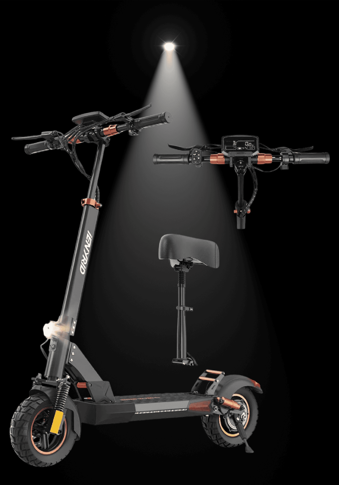 iENYRID M4 PRO S+ MAX electric scooter showcasing its design and features under spotlight.