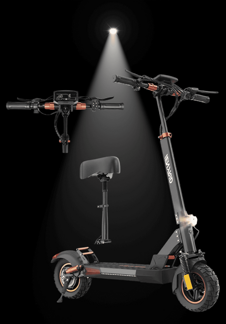 iENYRID M4 PRO S+ MAX electric scooter showcasing its design and features under spotlight.