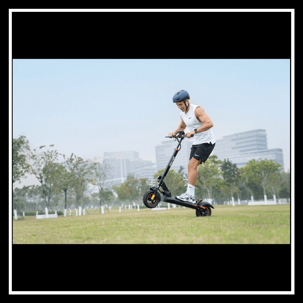 🇮🇪🇪🇺 iENYRID M4 PRO S+ MAX electric scooter in action with rider performing a stunt outdoors.