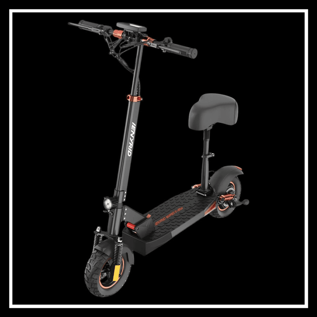 iENYRID M4 PRO S+ MAX electric scooter with seat, 10" tires, black design, ideal for stable rides.