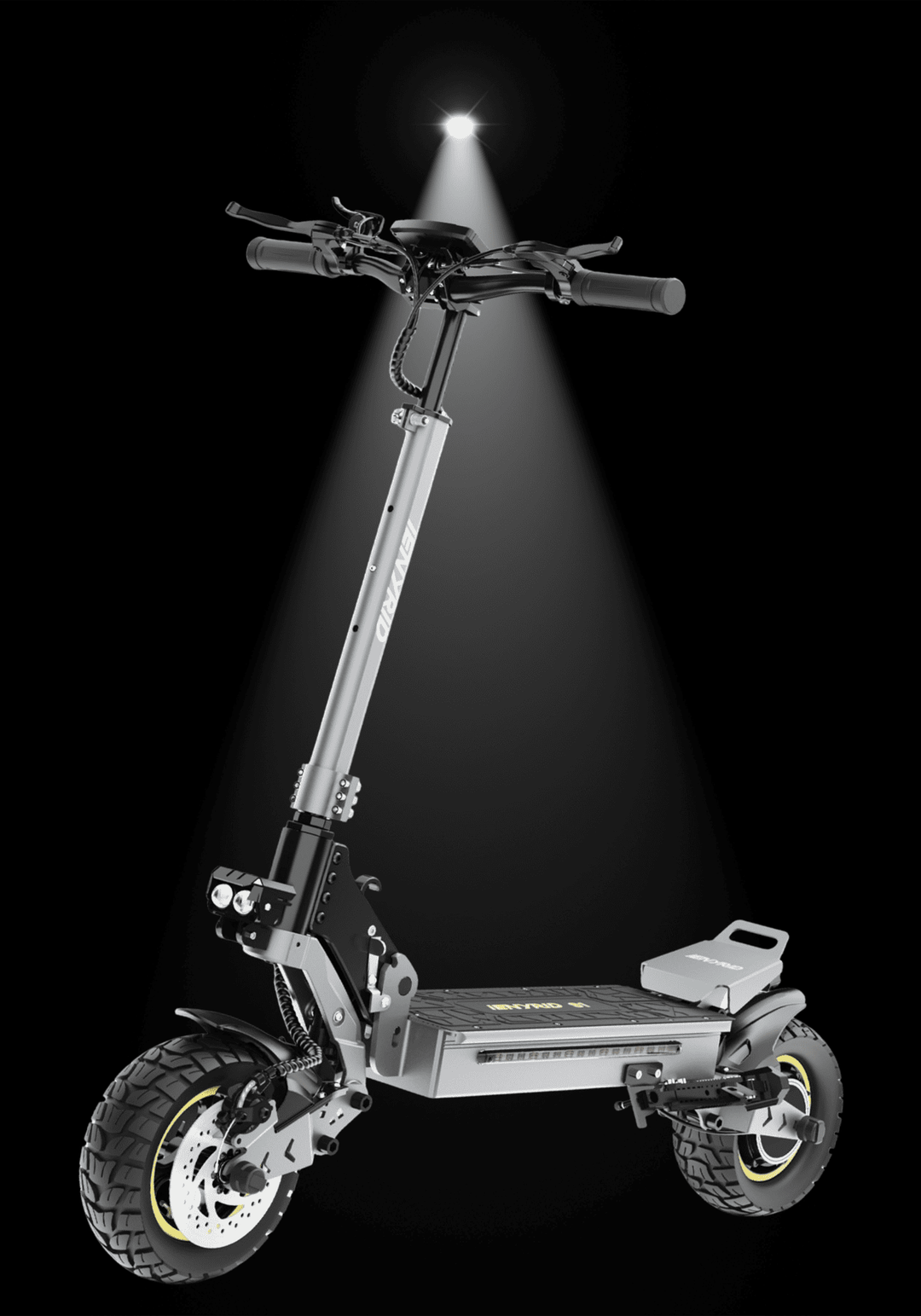 Electric scooter iENYRID S1 with robust design, powerful motor, and 10" off-road tires under spotlight.