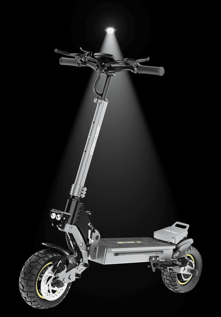 Electric scooter iENYRID S1 with robust design, powerful motor, and 10" off-road tires under spotlight.