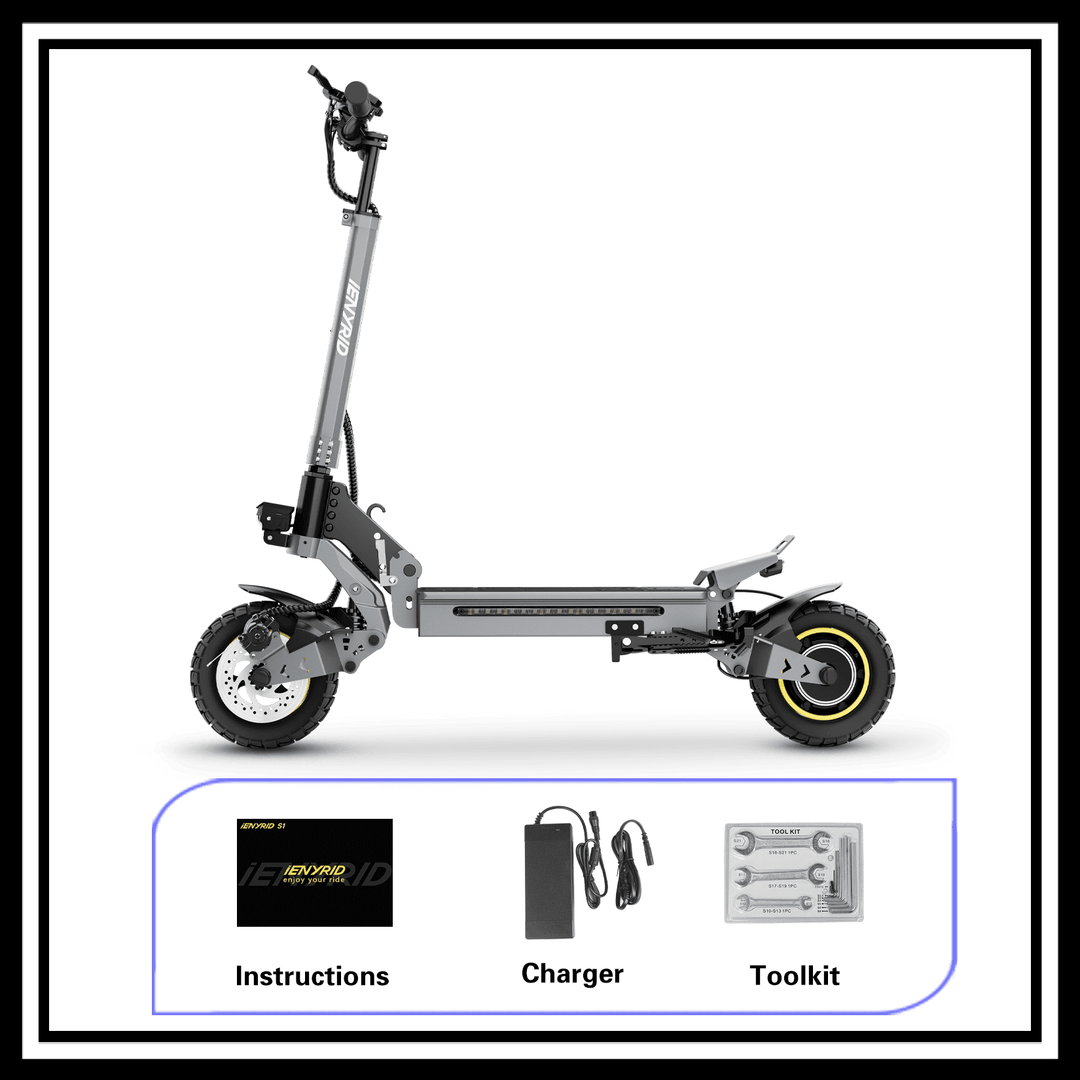 iENYRID S1 electric scooter with charger, instructions, and toolkit displayed.