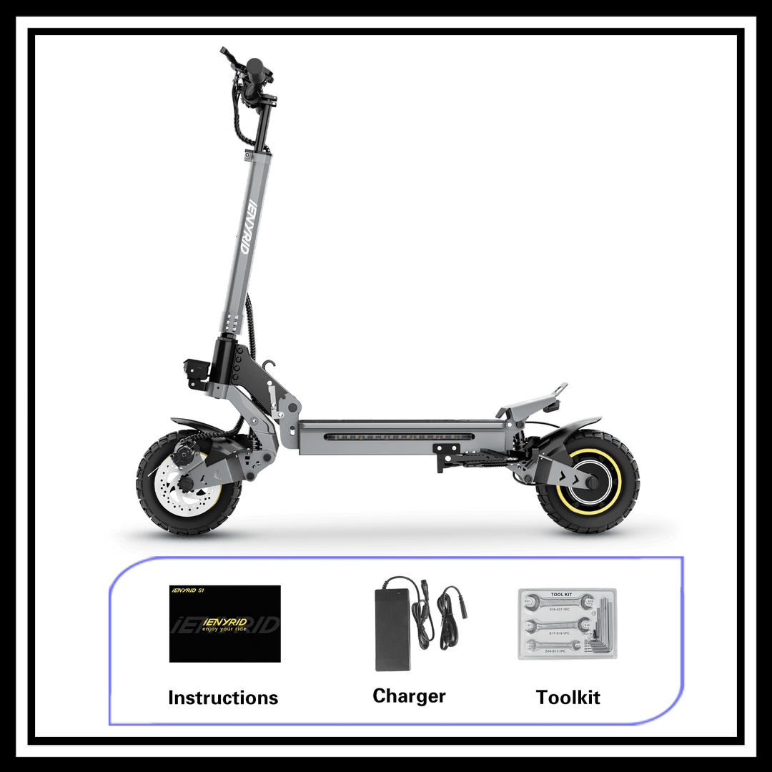 iENYRID S1 electric scooter with charger, instructions, and toolkit displayed.