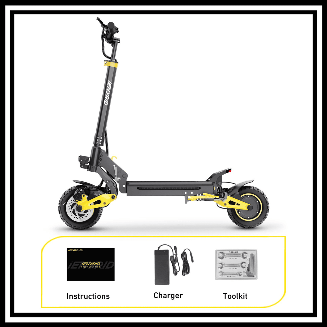 iENYRID ES1 Electric Scooter with charger, toolkit, and instructions for assembly and maintenance.