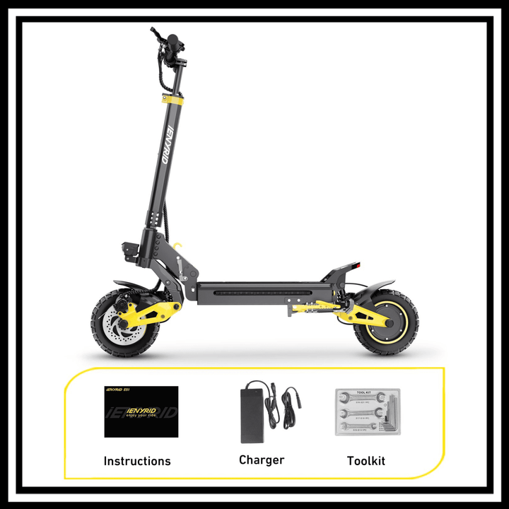 iENYRID ES1 Electric Scooter with charger, toolkit, and instructions for assembly and maintenance.