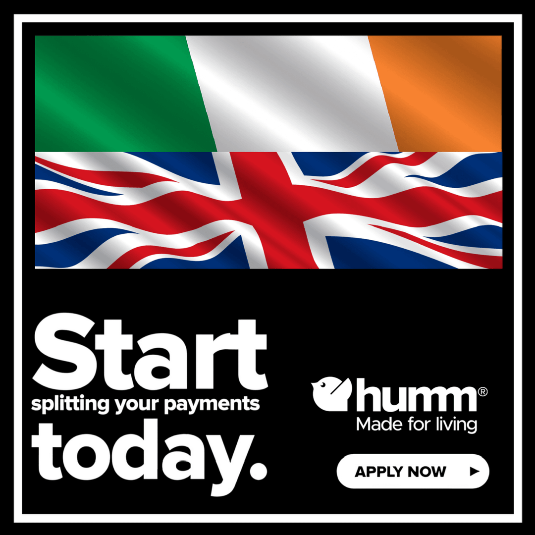 Irish and British flags with text promoting payment splitting options and humm services.