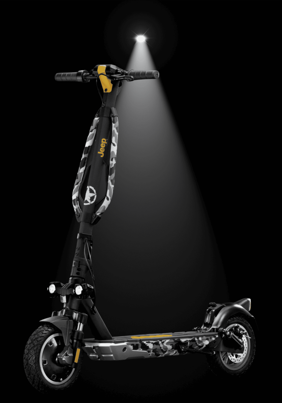 JEEP 2xe electric scooter showcasing its sleek design and durable frame with a spotlight effect.