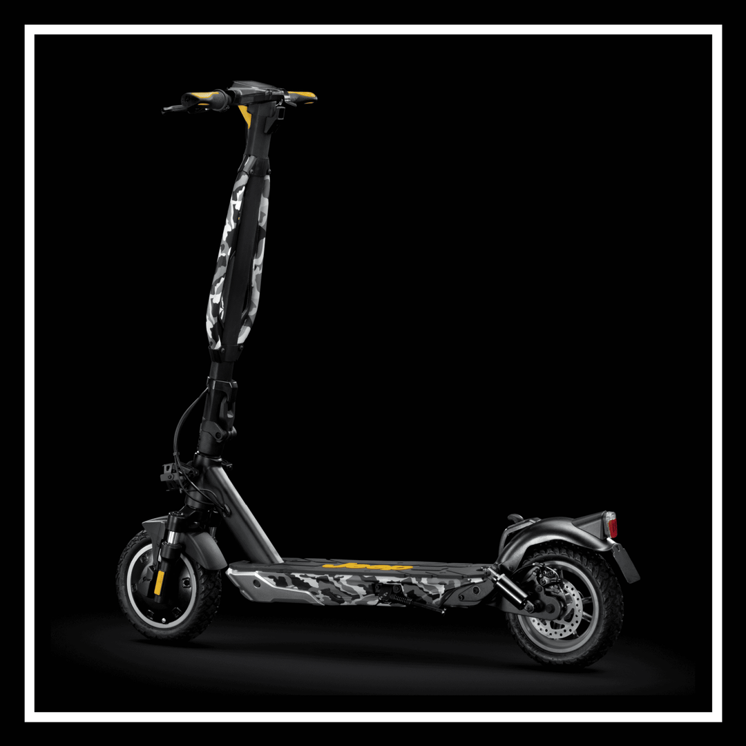 JEEP 2xe electric scooter showcasing its sleek design and durable features on a black background.