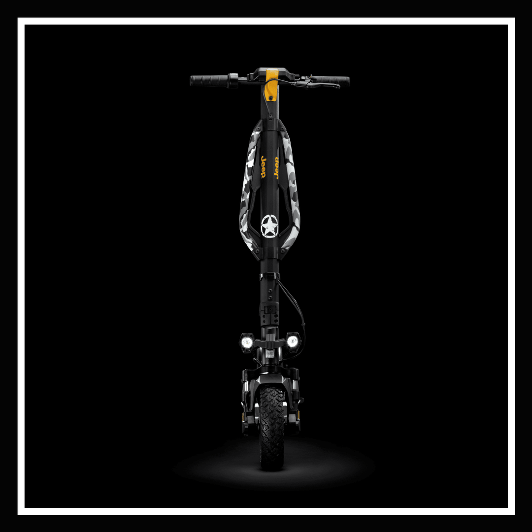 Image of the JEEP 2xe electric scooter with a sleek black design and front view showcasing its features.