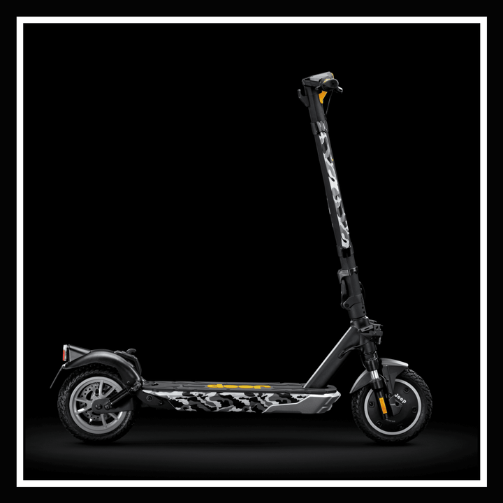JEEP 2xe electric scooter side view showcasing its sleek design and durable magnesium alloy frame.